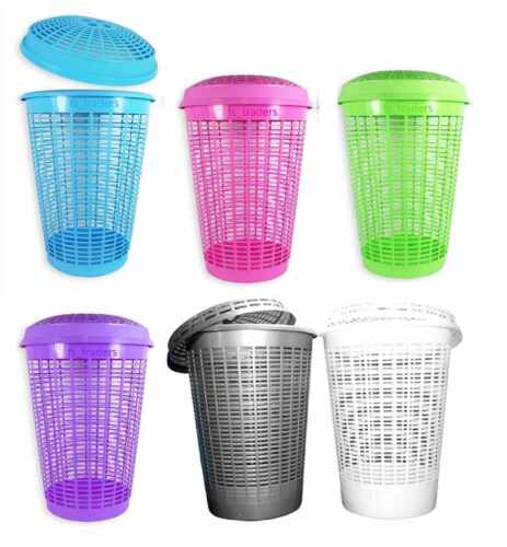 Circular Plastic Laundry Bin Linen Washing Basket Storage Hamper With Lid 50 LTR