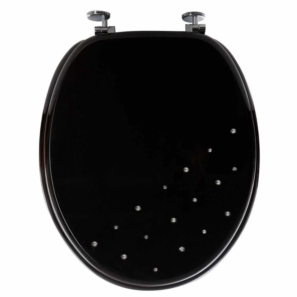 NEW LUXURY DIAMANTE WOODEN MDF WC TOILET SEAT STAINLESS STEEL HINGES MODERN BATHROOM