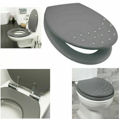 NEW LUXURY DIAMANTE WOODEN MDF WC TOILET SEAT STAINLESS STEEL HINGES MODERN BATHROOM