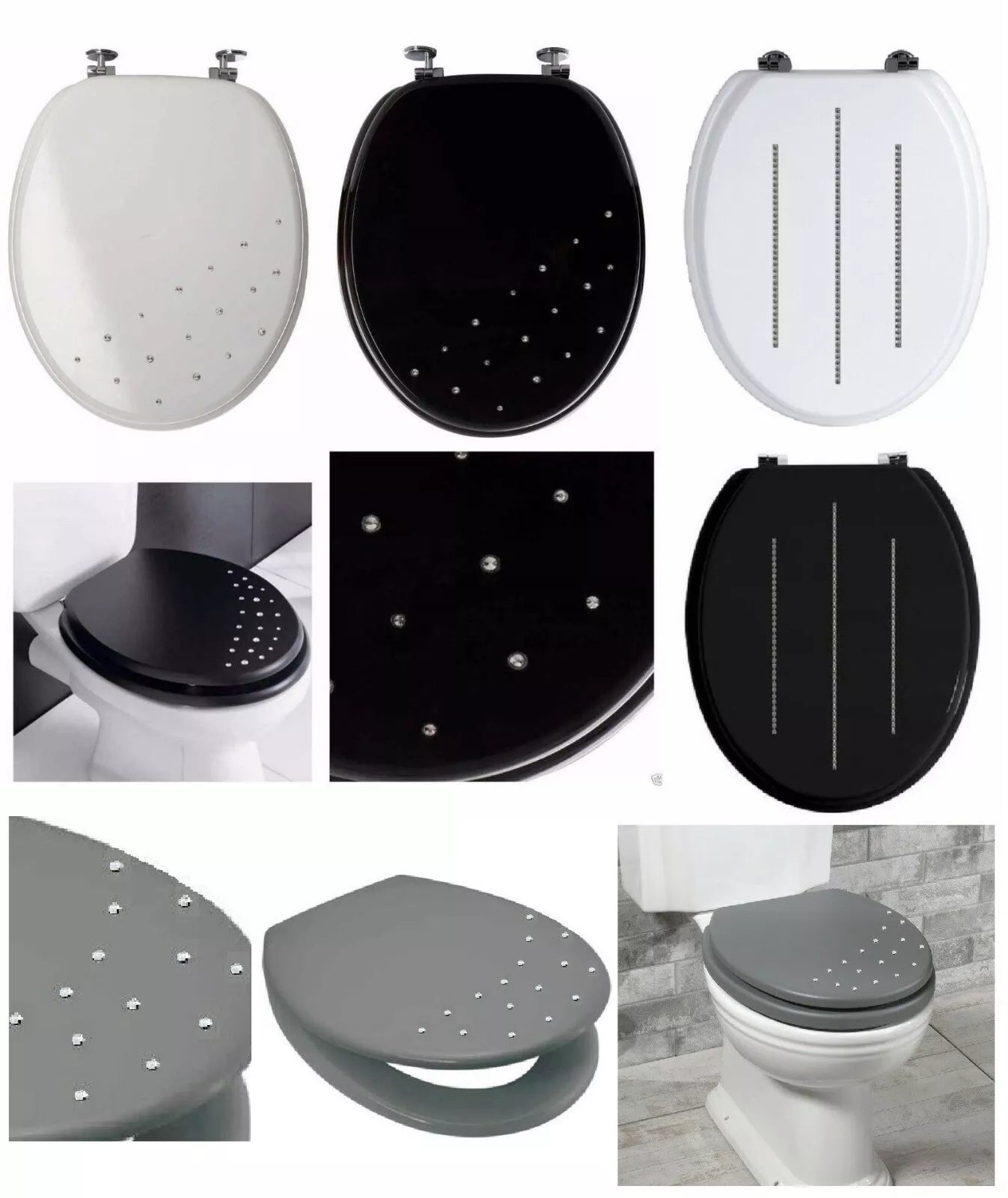 NEW LUXURY DIAMANTE WOODEN MDF WC TOILET SEAT STAINLESS STEEL HINGES MODERN BATHROOM
