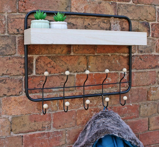 New Wall Mounted Wooden Rack & Coat Hooks Storage Shelf Holder Hallway Hanging Decor